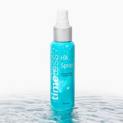Blue bottle of 'timeless' HA Spray on a white background