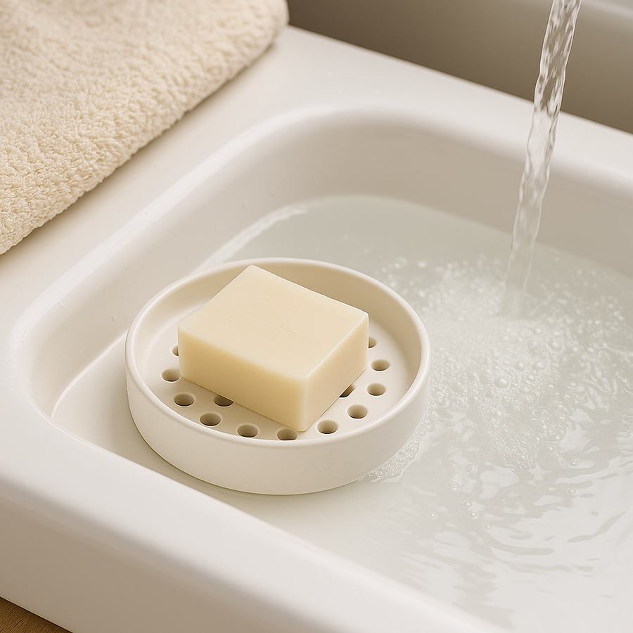 Fresh towel, bar soap, and body lotion next to a running shower