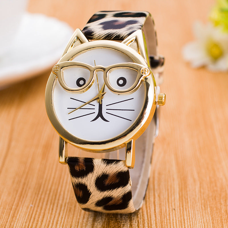 Kids Cat-Face Watch ⌚ Quartz Gold Cat, Easy-Read Rectangle Dial + Soft PU Strap