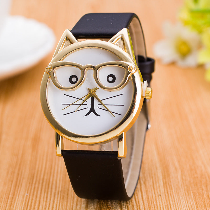 Kids Cat-Face Watch ⌚ Quartz Gold Cat, Easy-Read Rectangle Dial + Soft PU Strap