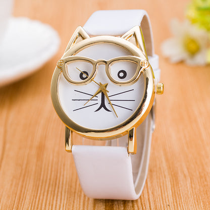 Kids Cat-Face Watch ⌚ Quartz Gold Cat, Easy-Read Rectangle Dial + Soft PU Strap