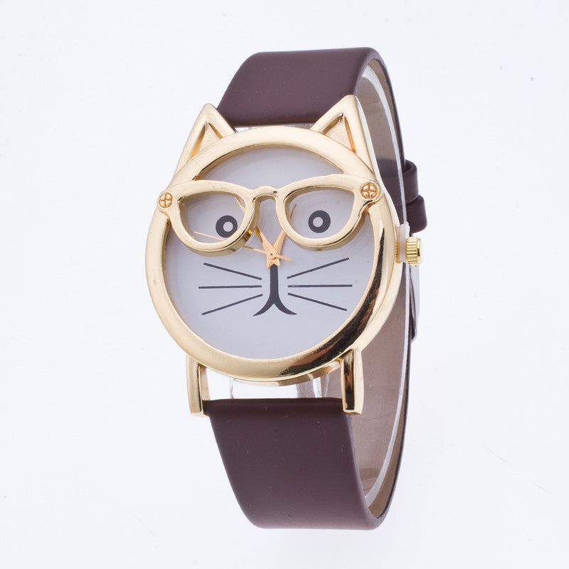 Kids Cat-Face Watch ⌚ Quartz Gold Cat, Easy-Read Rectangle Dial + Soft PU Strap