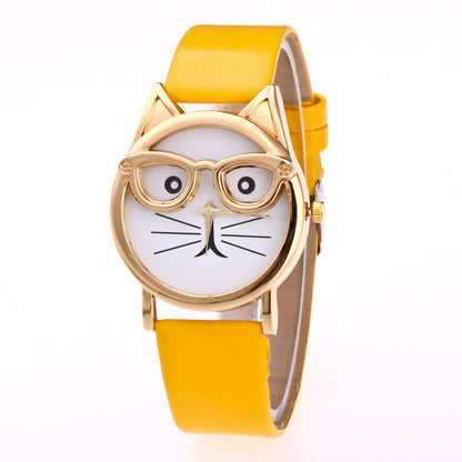 Kids Cat-Face Watch ⌚ Quartz Gold Cat, Easy-Read Rectangle Dial + Soft PU Strap