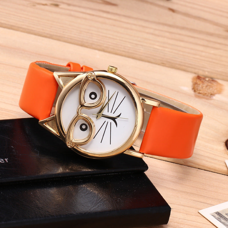 Kids Cat-Face Watch ⌚ Quartz Gold Cat, Easy-Read Rectangle Dial + Soft PU Strap