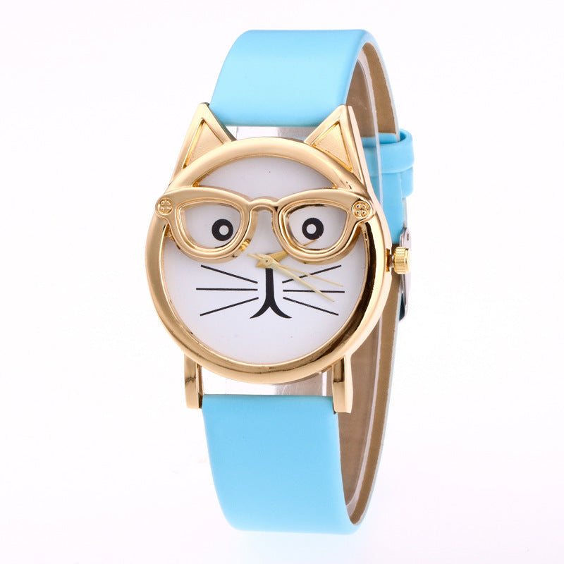 Kids Cat-Face Watch ⌚ Quartz Gold Cat, Easy-Read Rectangle Dial + Soft PU Strap