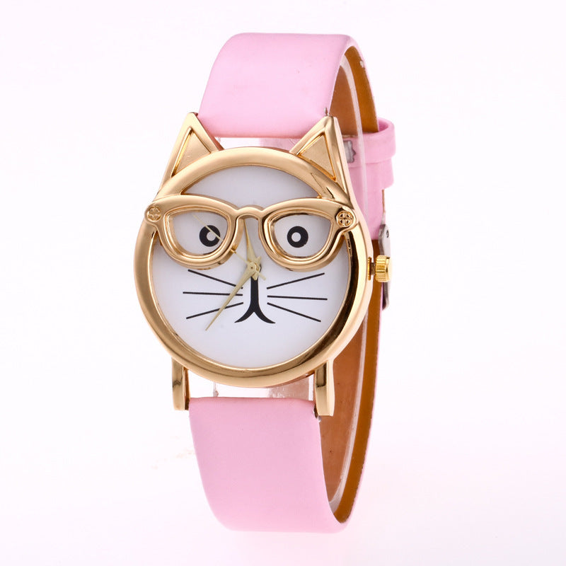 Kids Cat-Face Watch ⌚ Quartz Gold Cat, Easy-Read Rectangle Dial + Soft PU Strap
