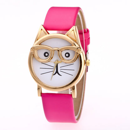 Kids Cat-Face Watch ⌚ Quartz Gold Cat, Easy-Read Rectangle Dial + Soft PU Strap