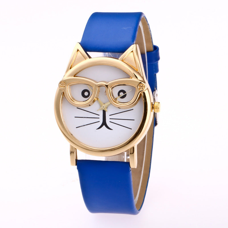Kids Cat-Face Watch ⌚ Quartz Gold Cat, Easy-Read Rectangle Dial + Soft PU Strap