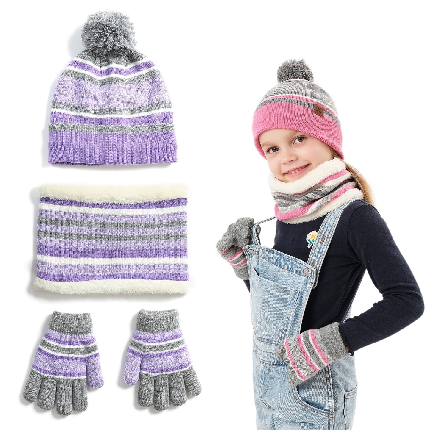 Kids’ Winter Set  Hat + Scarf + Gloves (Ages 4–7) | Soft Knit, Fleece-Lined, Pom Beanie