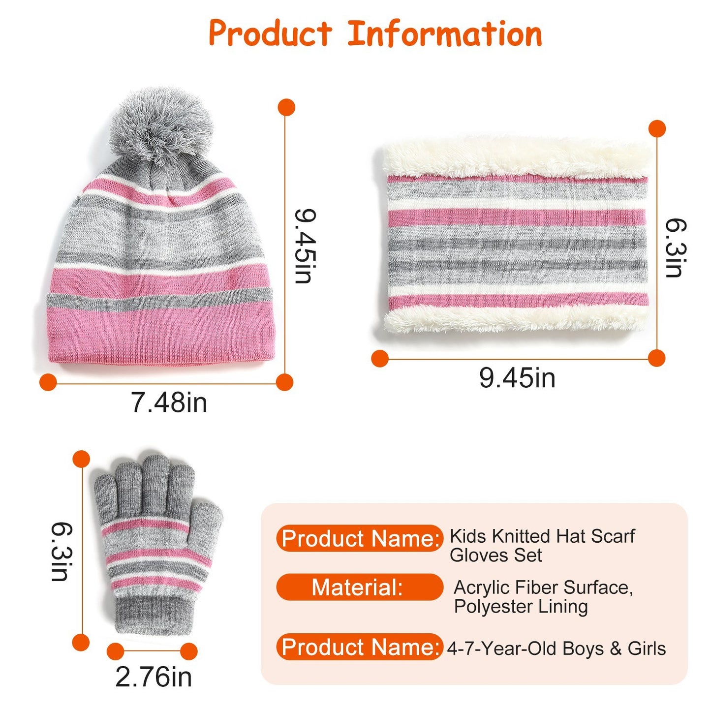 Kids’ Winter Set  Hat + Scarf + Gloves (Ages 4–7) | Soft Knit, Fleece-Lined, Pom Beanie