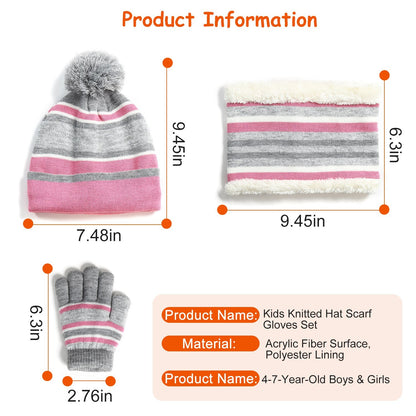 Kids’ Winter Set  Hat + Scarf + Gloves (Ages 4–7) | Soft Knit, Fleece-Lined, Pom Beanie