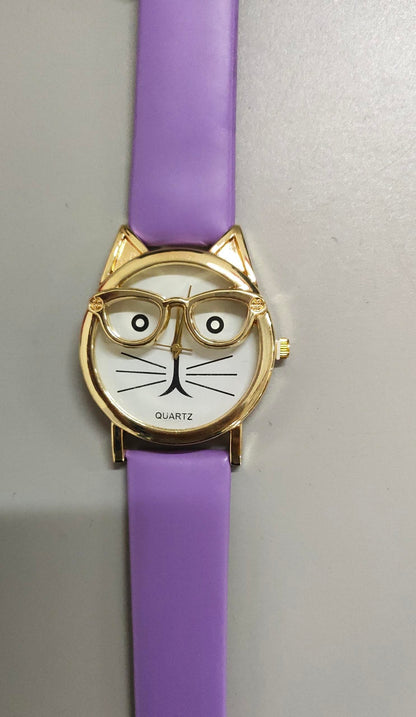 Kids Cat-Face Watch ⌚ Quartz Gold Cat, Easy-Read Rectangle Dial + Soft PU Strap
