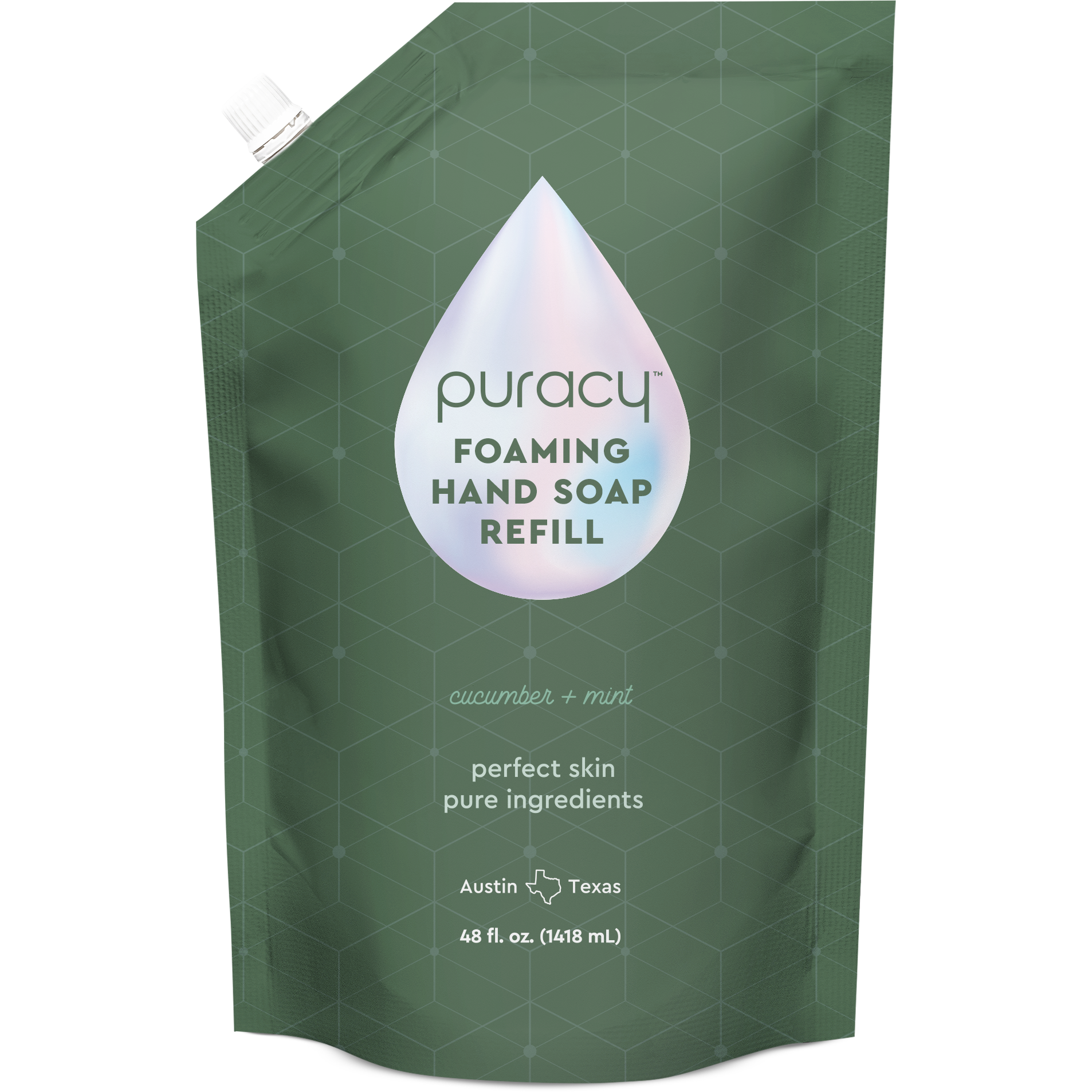 Green refill pouch for Puracy Foaming Hand Soap with geometric pattern