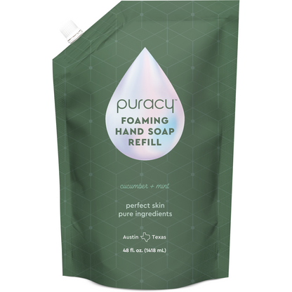Green refill pouch for Puracy Foaming Hand Soap with geometric pattern