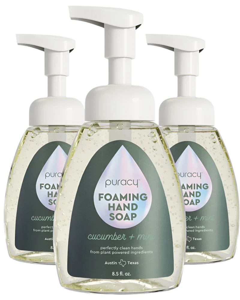 Three bottles of Puracy Foaming Hand Soap on a white background
