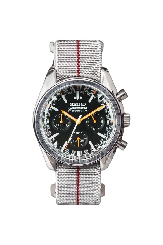 Seiko watch with a white strap featuring a red stripe on a white background