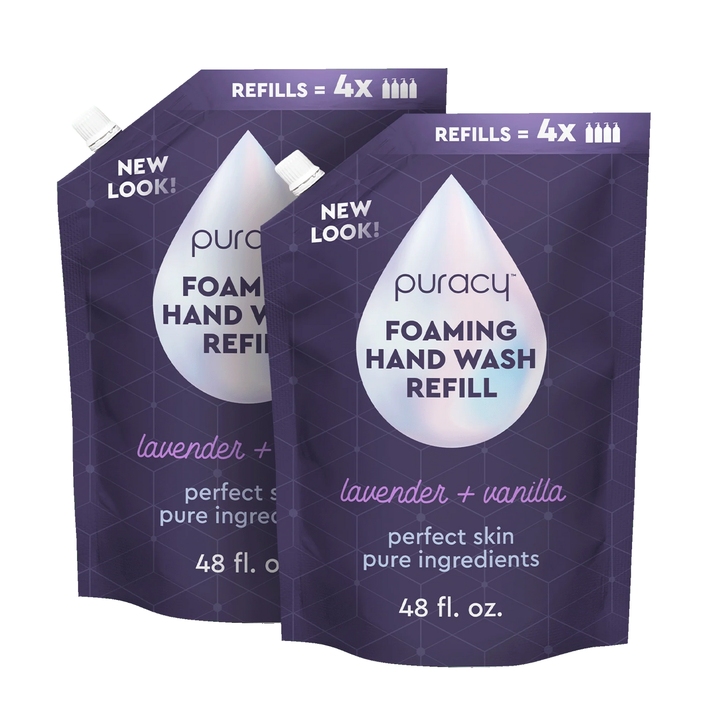 Two puracy foaming hand wash refills on a white background