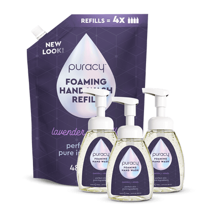 Puracy foaming hand wash packaging with bottles on a green background