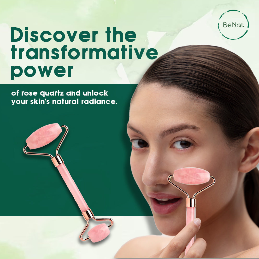 Woman using a pink rose quartz facial roller with text about its transformative power on a green background.