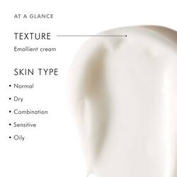 Emollient cream texture on skin with text labels for skin type.