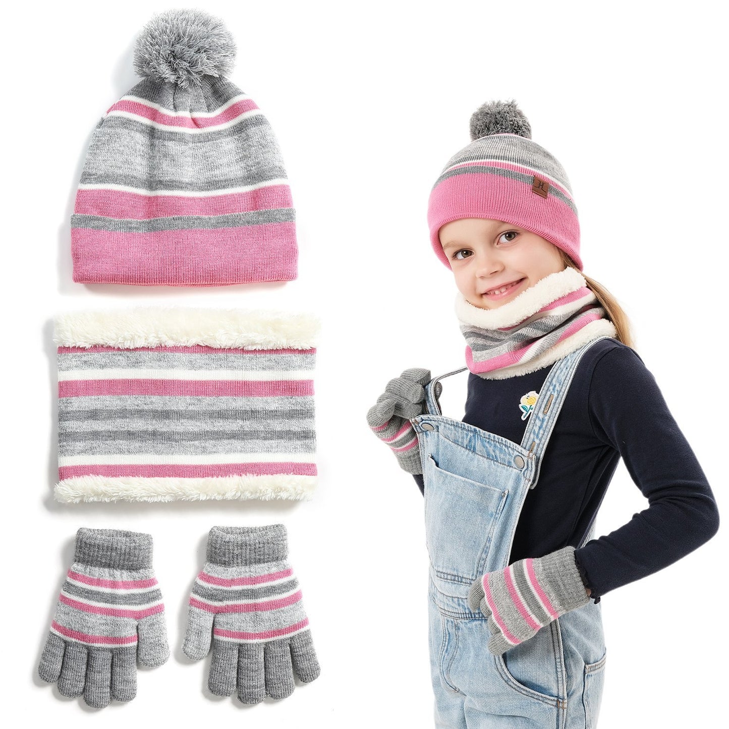 Kids’ Winter Set  Hat + Scarf + Gloves (Ages 4–7) | Soft Knit, Fleece-Lined, Pom Beanie