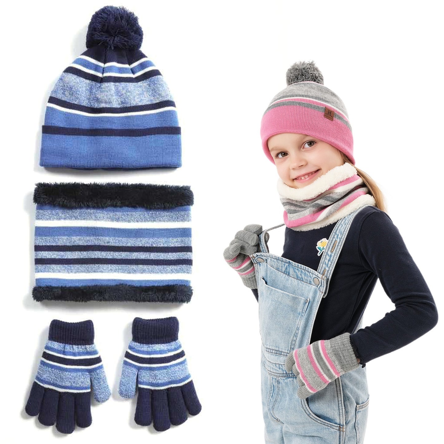 Kids’ Winter Set  Hat + Scarf + Gloves (Ages 4–7) | Soft Knit, Fleece-Lined, Pom Beanie