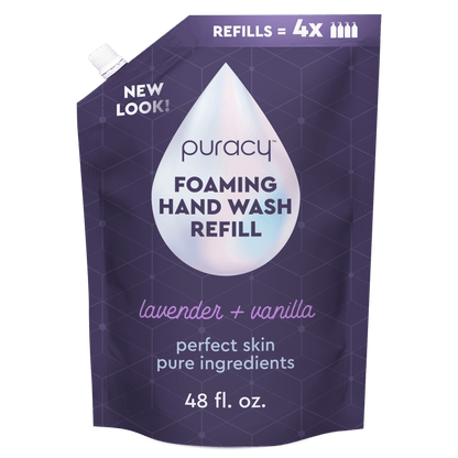 Purple refill pouch for Puracy Foaming Hand Wash with 'New Look!' text on a green background