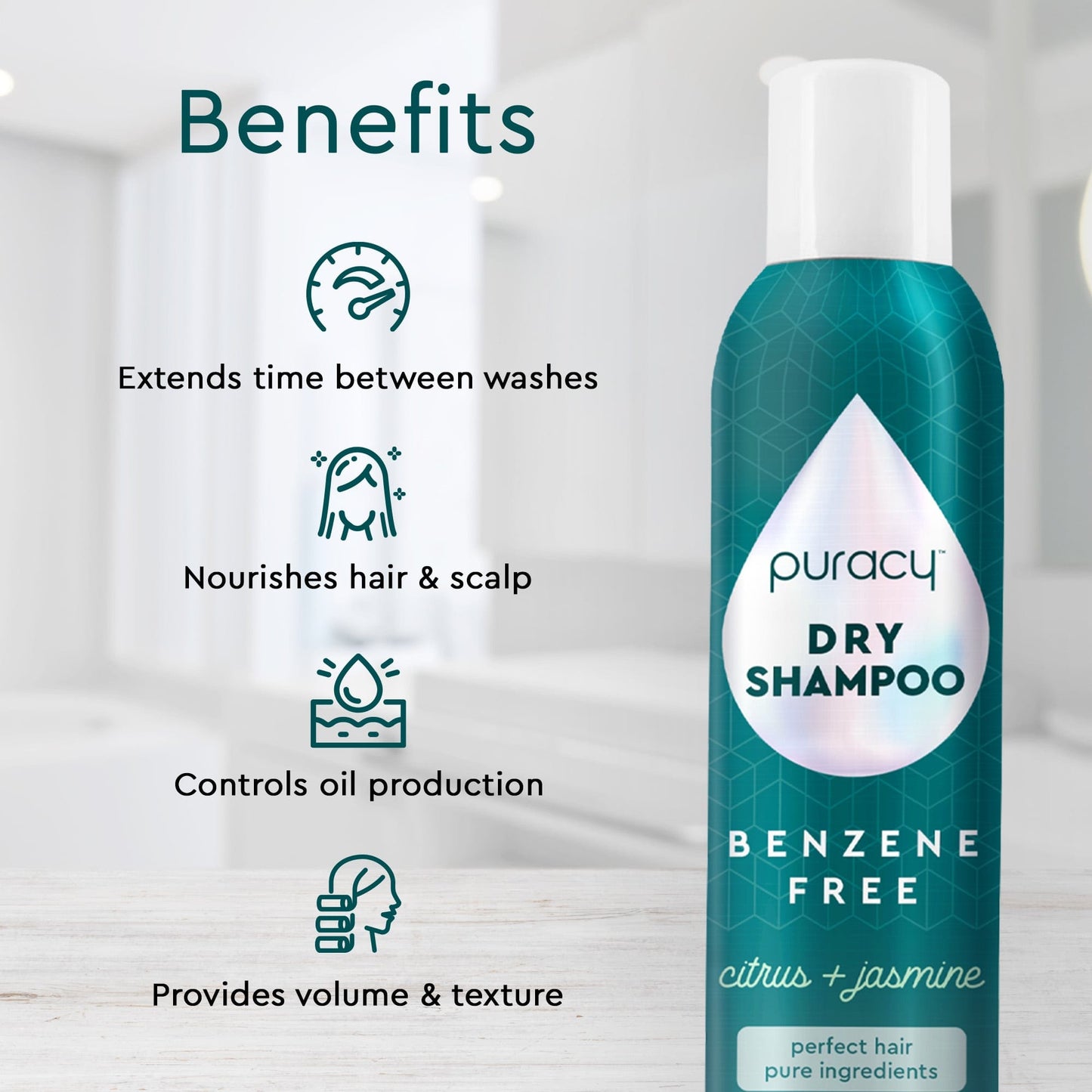 Puracy dry shampoo bottle with benefits listed on a light background