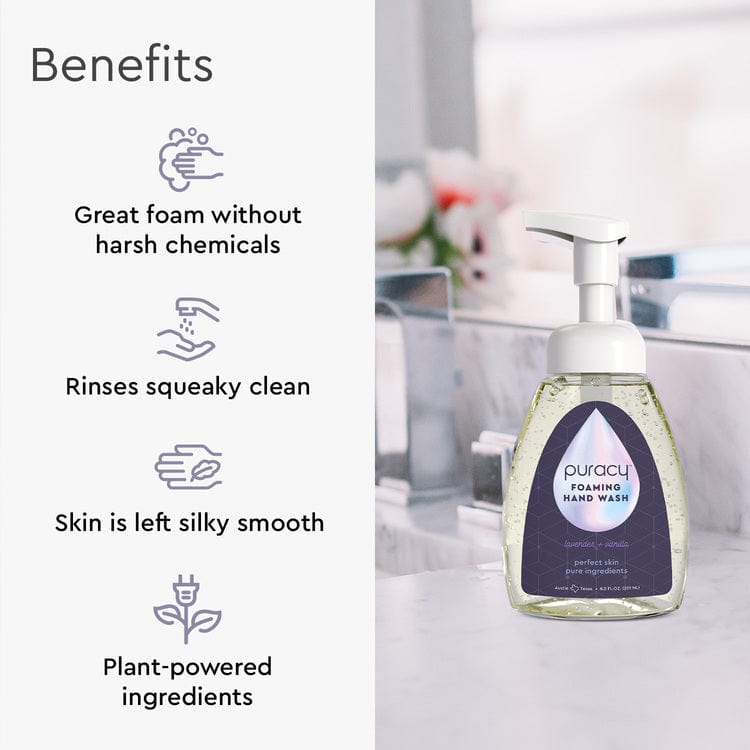 Puracy foaming hand wash bottle with benefits listed on a blurred bathroom background