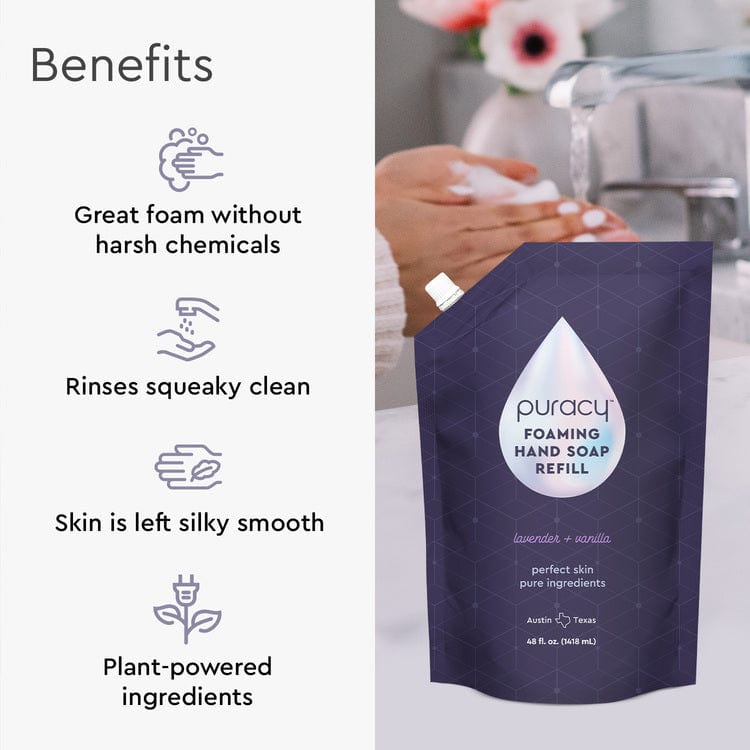 Puracy foaming hand soap refill package with benefits listed on a blurred background