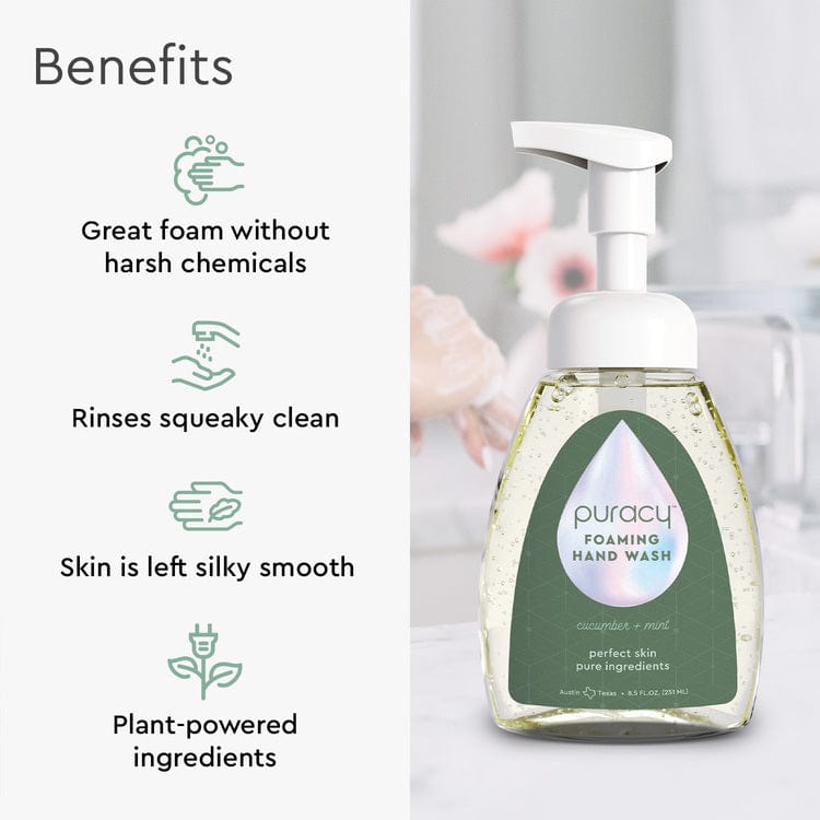 Puracy foaming hand wash bottle with benefits listed on a white background