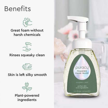 Puracy foaming hand wash bottle with benefits listed on a white background
