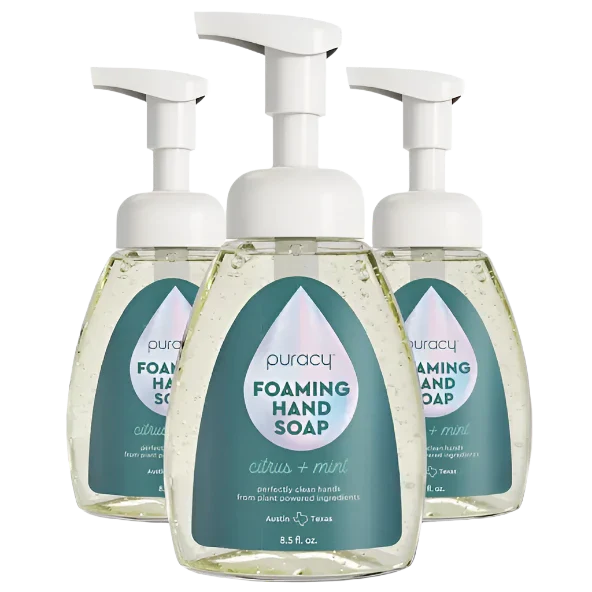 Three bottles of Puracy Foaming Hand Soap with pump dispensers on a white background.