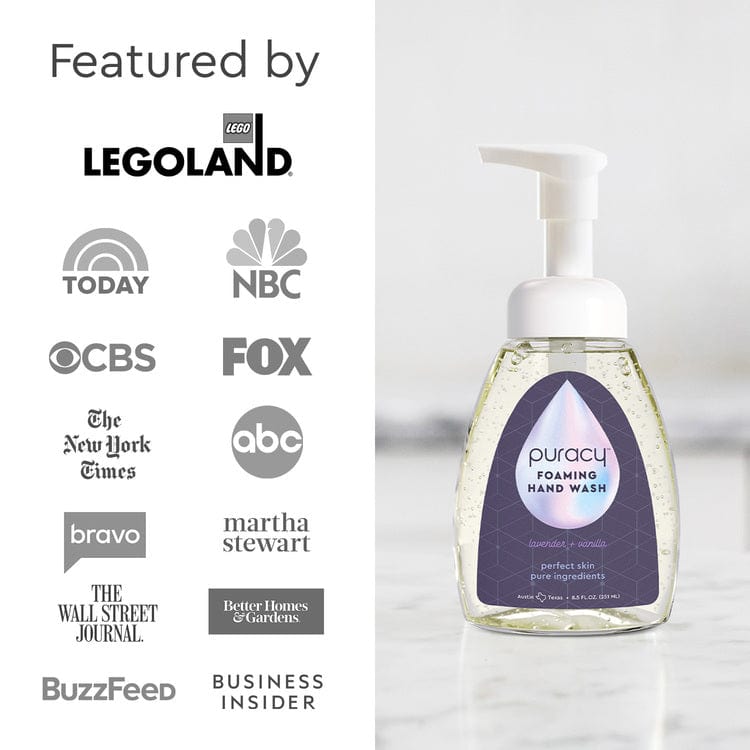 Puracy foaming hand wash bottle with media outlet logos on a light gray background