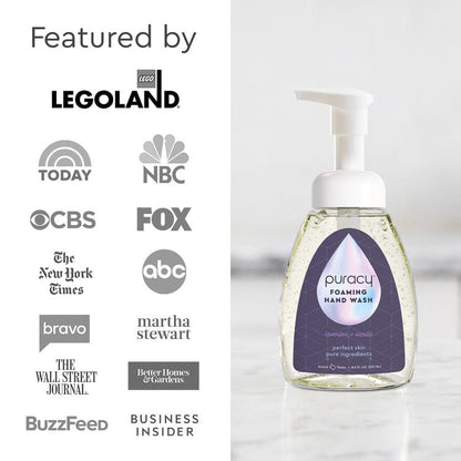 Puracy foaming hand wash bottle with media outlet logos on a light gray background