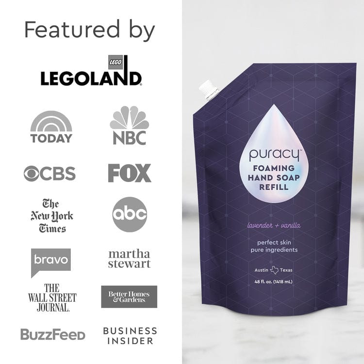 Puracy foaming hand soap refill package with media outlet logos on a white background