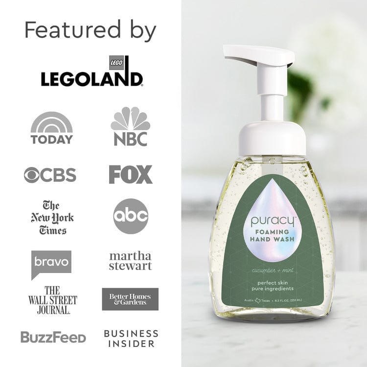 Puracy foaming hand wash bottle with media outlet logos on a white background