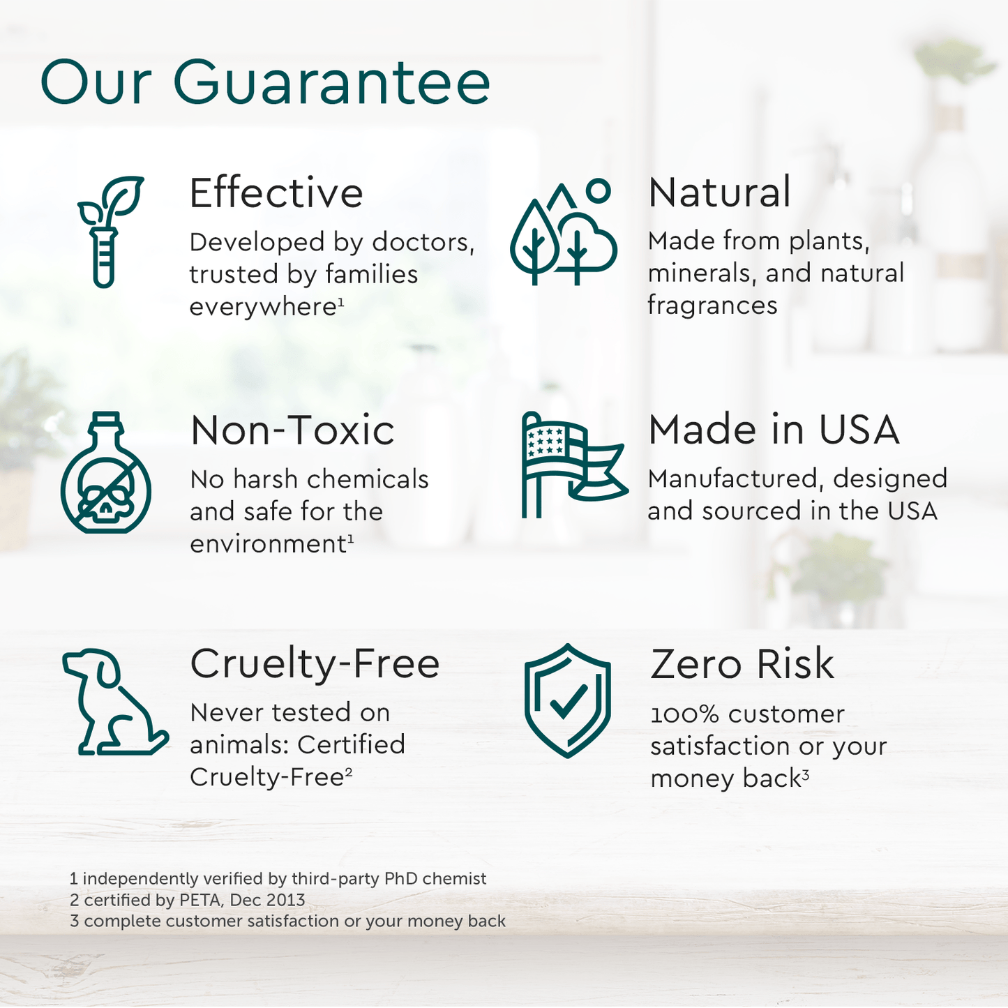 Product guarantee statement with icons and text on a light background