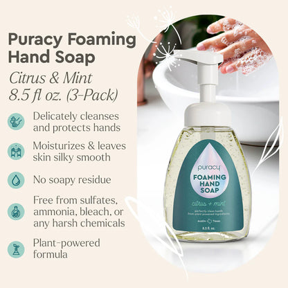 Puracy Foaming Hand Soap bottle with product details on a light background