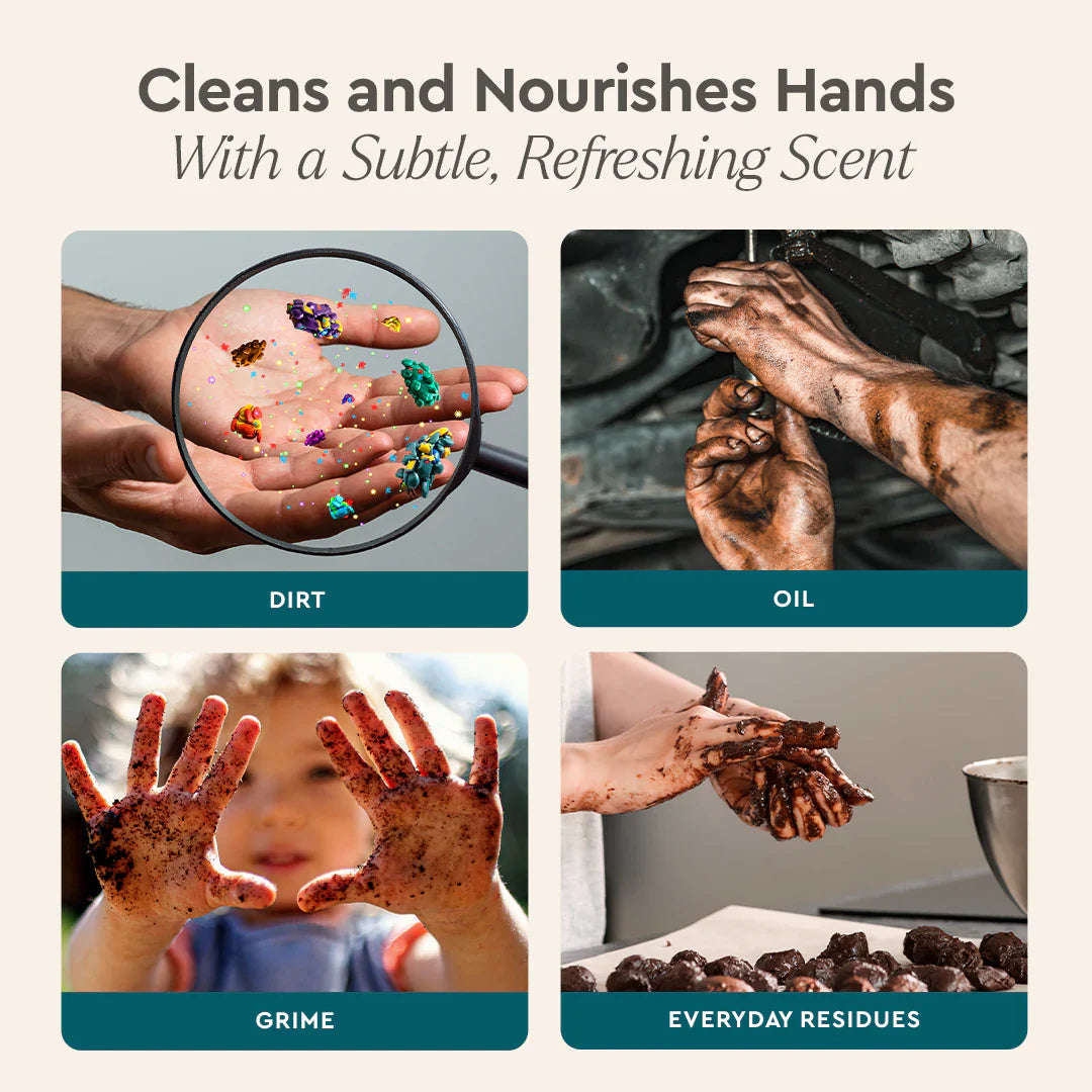 Product advertisement showing hands with dirt, oil, grime, and everyday residues, with text about cleaning and nourishing hands.
