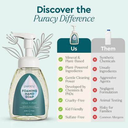 Puracy foaming hand soap with comparison chart on a light blue background