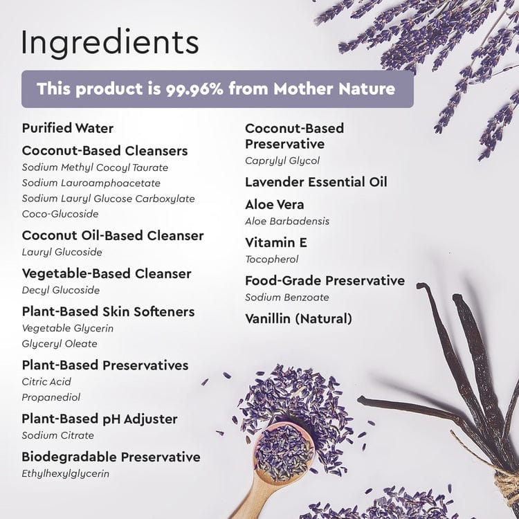 List of product ingredients with a natural theme and lavender elements.