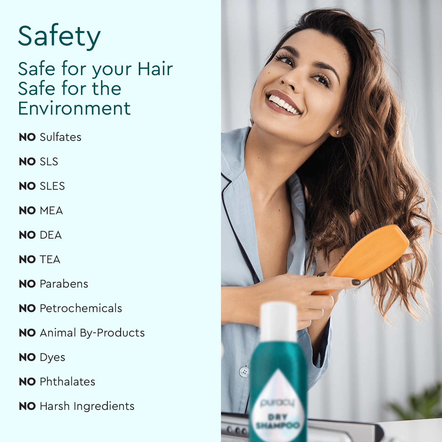 Woman brushing her hair with a bottle of dry shampoo and safety information listed on the left.