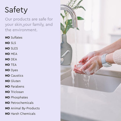 Person washing hands with a list of product safety features on the left.