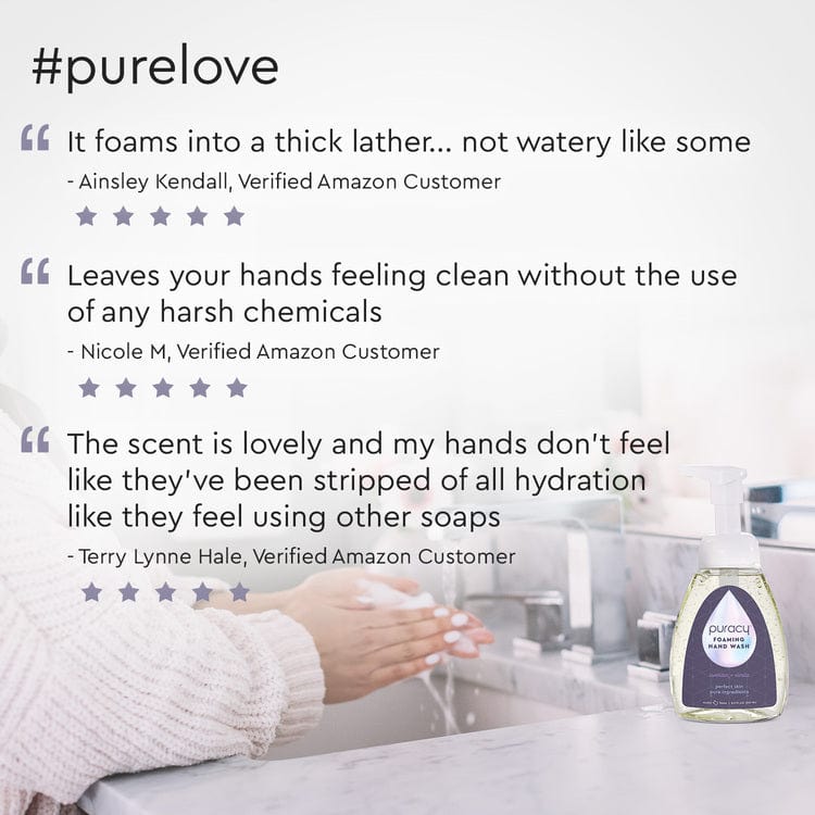 Product packaging with customer reviews and a hand washing in the background