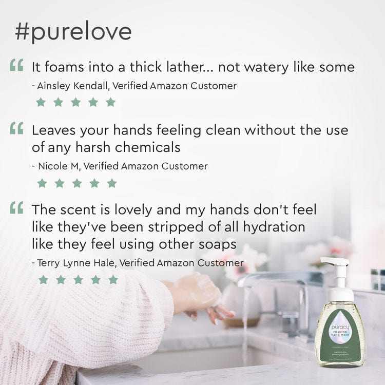 Product packaging with customer reviews and a person washing hands in a sink.