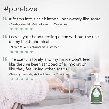 Product packaging with customer reviews and a person washing hands in a sink.